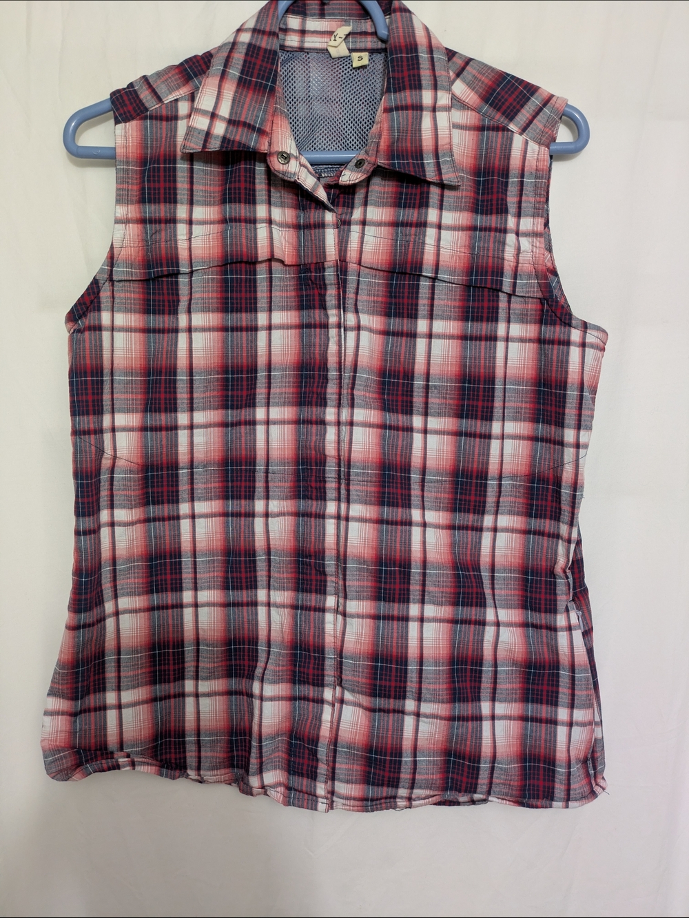 Outdoor Fishing Hiking Plaid Sleeveless Vented Shirt Small